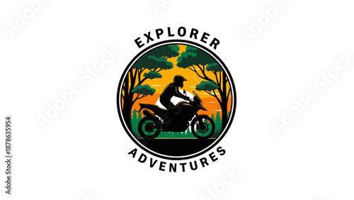 Adventure motorcycle rider silhouetted against a vibrant sunset in a forest landscape, embodying the spirit of exploration.