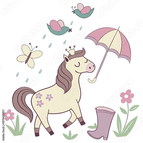 Cute Peaceful Horse, accessorized with with a tiny crown, in a Spring world – Blooming Renewal palette vector