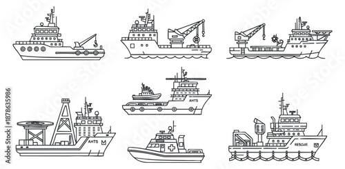 A collection of various ships and boats in clean outline vector style, suitable for maritime and transportation projects