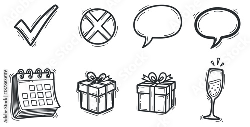A set of hand-drawn icons including a checkmark, cross, speech bubble, calendar, gift, and champagne glass in minimalist vector style, suitable for event planning and communication themes