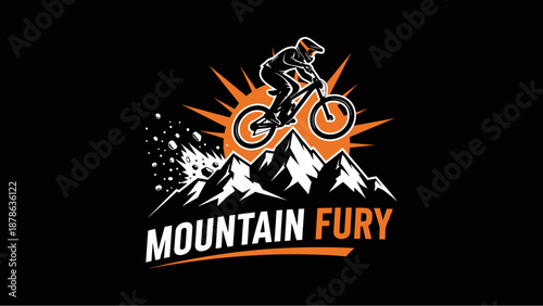 Dynamic illustration of a mountain biker performing a jump over rocky peaks, with a sunburst effect and the text "MOUNTAIN FURY" below.