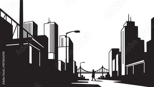 Cityscape Silhouette with Modern Buildings and Streetlights at Night