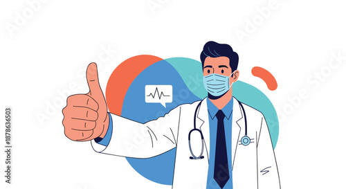 Professional doctor in a white lab coat and blue surgical mask giving a thumbs up gesture as a sign of success and health.