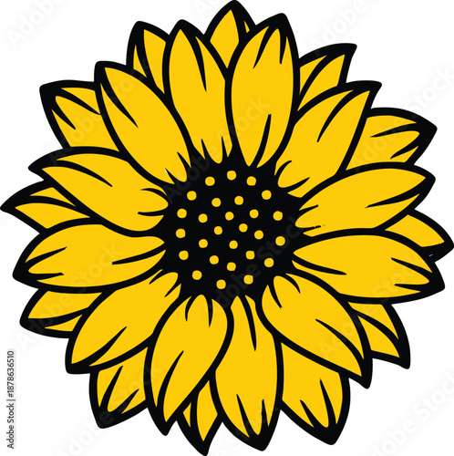 Vibrant yellow sunflower in full bloom with green leaves isolated on a bright blue sky background.eps