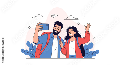 Happy young couple traveling with backpacks taking a selfie photo and waving while exploring a new city or destination.