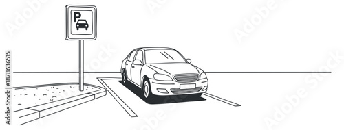 A parked car next to a parking sign in black and white outline vector style, ideal for urban planning or transportation design