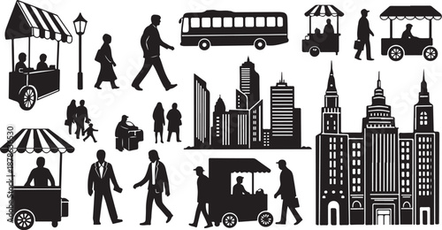 Urban City Life Silhouettes with Buildings and Transportation Icons