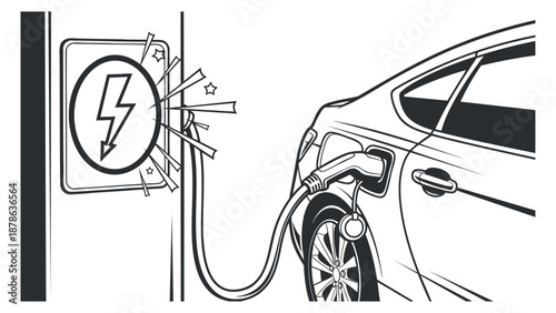 An electric car charging at a station with a charging plug in minimalist outline vector style, suitable for technology and sustainability projects