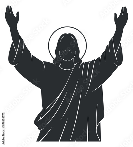 A silhouette of Jesus Christ with arms raised in a black and white vector style, ideal for religious and spiritual themes