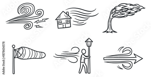 A collection of wind-related icons featuring a gusty wind, a house, a tree, a flag, and a directional arrow in minimalist line art vector style, ideal for weather-related projects and illustrations
