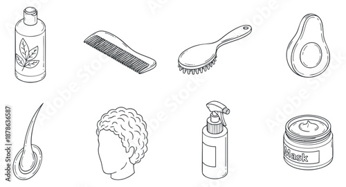 A collection of beauty and haircare products including shampoo, comb, brush, and mask in minimalist outline vector style, ideal for wellness and grooming themes