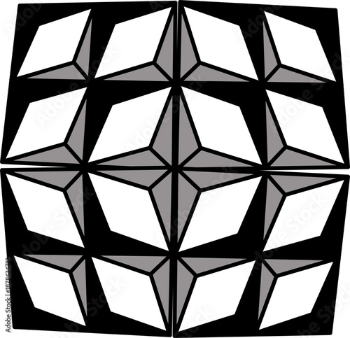 Abstract black and white geometric pattern with repeating faceted shapes creating a 3D optical illusion, modern minimal design for backgrounds and decor.