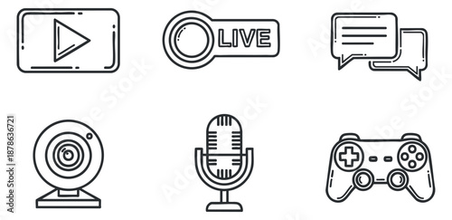 A collection of streaming and gaming icons including a play button, live text, webcam, microphone, and game controller in minimalist vector outline style, perfect for digital media design