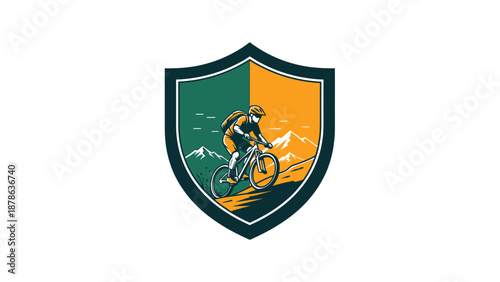 Mountain Biking Emblem Featuring a Cyclist on a Steep Trail Amidst Scenic Peaks and Lush Greenery