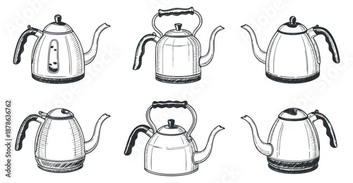 A collection of six hand-drawn kettle illustrations in black and white sketch style, perfect for kitchen design and culinary projects