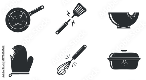 A collection of cracked kitchen utensils including a pan, bowl, spatula, whisk, and oven mitt in black and white vector style, ideal for culinary design projects
