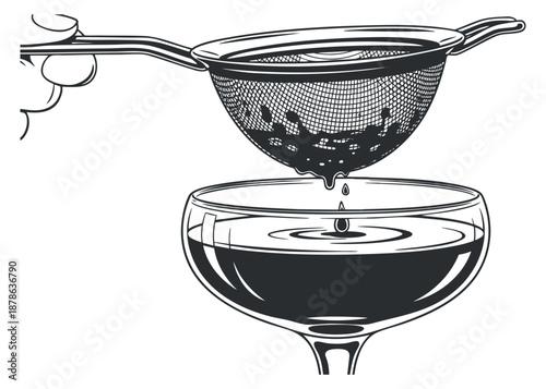 A kitchen strainer pouring liquid into a glass in black and white minimalist vector style, perfect for culinary illustrations