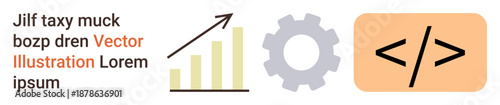 Business growth, technology, coding, software engineering, development workflow, digital innovation. Bar chart, gear and code icon on a white background. Business growth and technology concepts