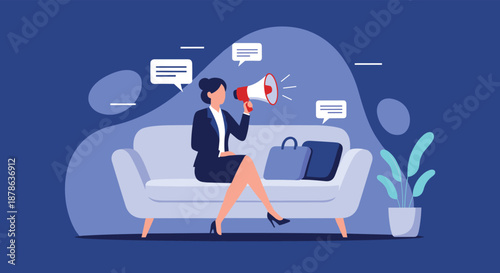 Determined businesswoman in a professional suit sits on a sofa and uses a red megaphone to announce news or communicate a loud message.