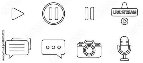 A collection of media control icons including play, pause, chat bubbles, camera, microphone, and live stream in minimal outline vector style, suitable for digital applications