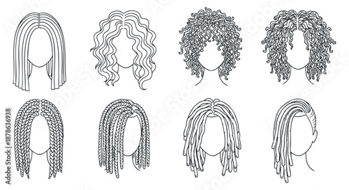 A collection of various hairstyles including curly, straight, and braided hair in a black and white vector style, suitable for beauty and fashion projects