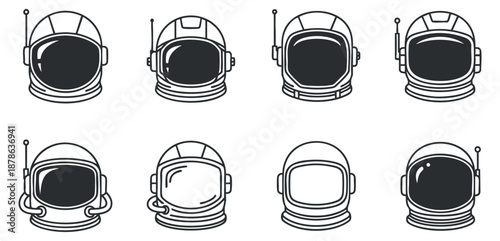 A collection of astronaut helmets in linear outline style, perfect for space-themed designs and educational projects