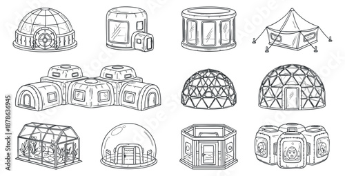 A collection of various dome structures and tents in minimalist outline vector style, suitable for architectural design and eco-friendly projects