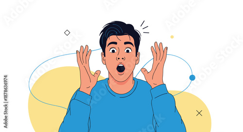 Portrait of a young man looking extremely shocked and surprised with wide eyes and open mouth against a simple yellow and blue background.
