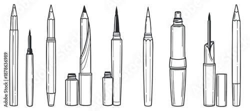 A collection of various writing pens and markers in black outline vector style, ideal for art and stationery designs