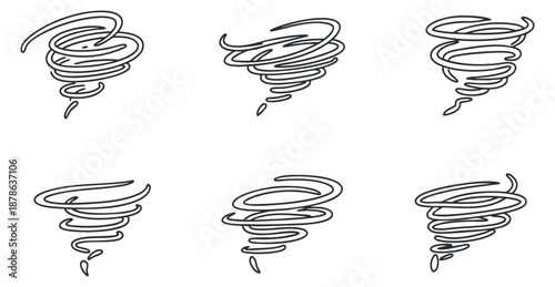 A collection of six tornado illustrations in minimalist outline vector style, suitable for weather-related designs and educational materials