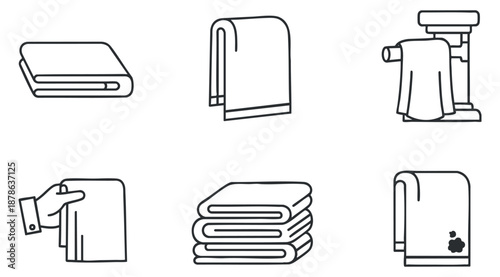 A set of minimalist outline icons depicting various towels in different styles and arrangements, suitable for home and laundry design