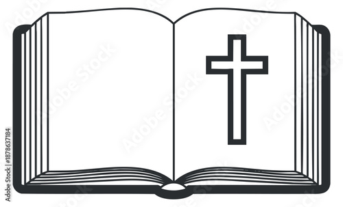 An open book with a cross symbol in minimalist black and white vector style, suitable for religious and educational projects