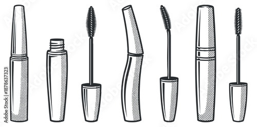 A collection of six mascara tubes and brushes in black and white dotted vector style, ideal for beauty branding and packaging