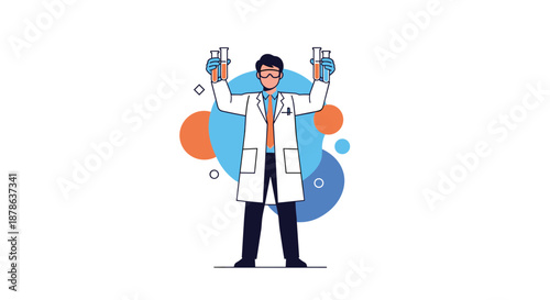 Proud male scientist wearing safety goggles holds up test tubes containing research samples in a modern laboratory setting.