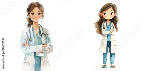 female doctor watercolor vector illustration