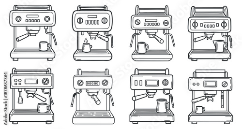 A collection of various espresso machines in black and white line art vector style, suitable for coffee-related designs and branding