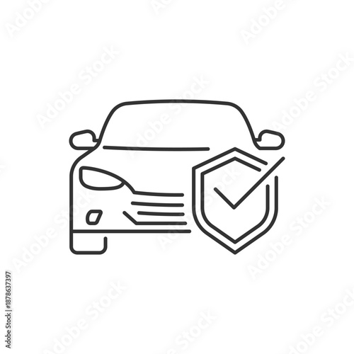 insurance car icon, car with shield, property insurance, safe transportation, thin line symbol on white background - editable line vector illustration