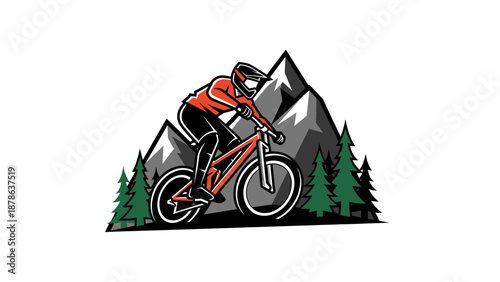 Stylized illustration of a mountain biker riding downhill with mountains and pine trees in the background, depicting an outdoor adventure sport.