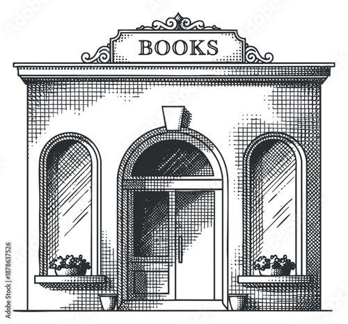 A vintage bookstore facade with large windows and a decorative sign in black and white sketch style, ideal for literary projects