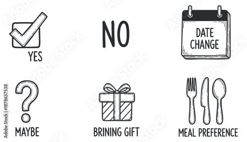 A collection of hand-drawn icons depicting 'Yes', 'No', 'Maybe', 'Brining Gift', and 'Meal Preference' in minimalist black and white vector style, suitable for event planning and communication