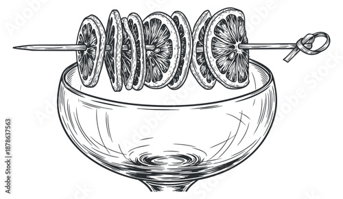 A bowl filled with skewered slices of lemon and lime in detailed black and white outline vector style, perfect for beverage menus and summer party designs