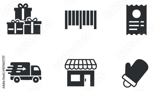 A collection of icons including gift boxes, delivery truck, barcode, and receipt in a modern minimalist black and white vector style, suitable for e-commerce and retail applications