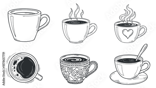 A collection of six hand-drawn coffee and tea cups in black and white line art style, perfect for beverage branding and cafe designs