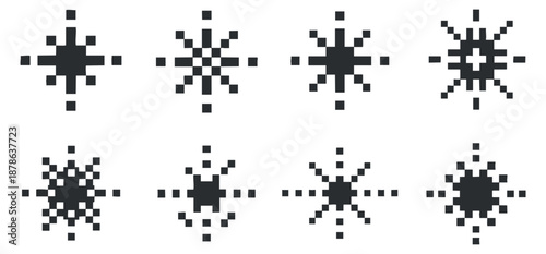 A collection of eight pixelated star icons in black and white minimalist vector style, ideal for digital design projects