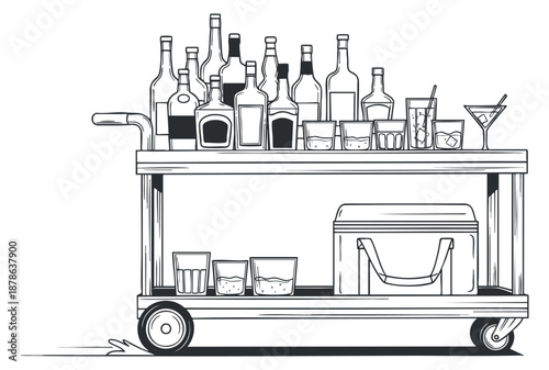 A drinks cart featuring various bottles and glasses in outline minimalist vector style, ideal for bar and event design