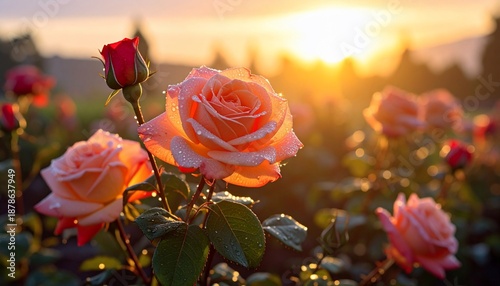 Rose garden bathed in golden light at dawn or dusk, with dewdrop-covered blossoms