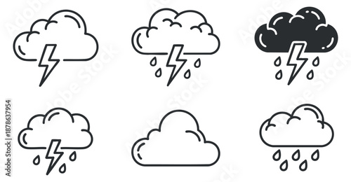 A collection of six cloud and lightning icons in black and white outline vector style, suitable for weather-related designs