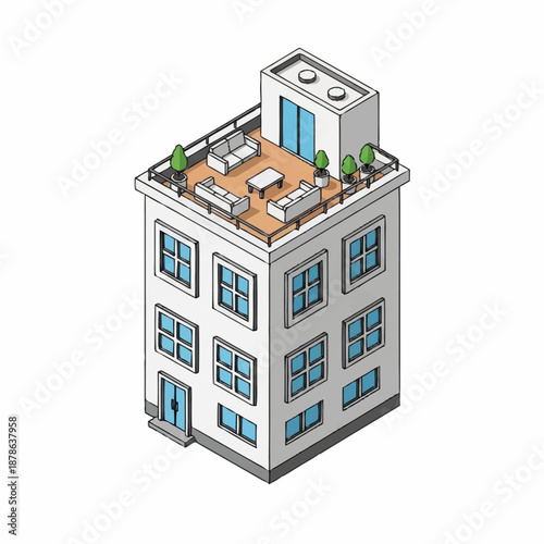 Isometric illustration of a modern apartment building with a rooftop terrace.