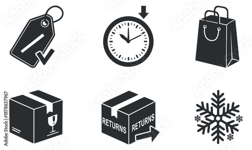 A collection of shipping and returns icons including a tag, clock, shopping bag, and package in black and white minimalist vector style, ideal for ecommerce and logistics design