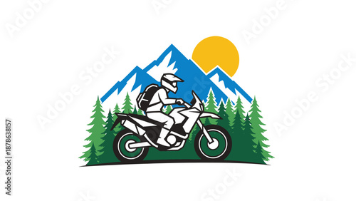 Graphic illustration of a motorcyclist riding an adventure bike with mountains, pine trees, and a sun in the background, depicting outdoor adventure and exploration.